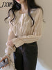 imCharms Beige Lace Blouse Vintage Square Collar Women Long Puff Sleeve Shirt Solid Cardigan Sweet Shirt Blusas Clothes Women Tops