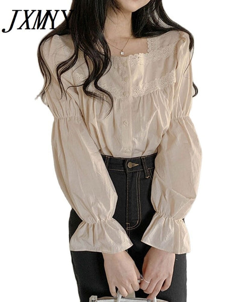 imCharms Beige Lace Blouse Vintage Square Collar Women Long Puff Sleeve Shirt Solid Cardigan Sweet Shirt Blusas Clothes Women Tops