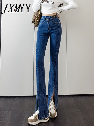 imCharms Black High-Waisted Slit Jeans Women's Slimming 2023 Spring And Summer Micro-Flare Trousers With A Small Design Sense