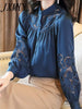 imCharms Blue Embroidered Shirt Women's And Elegant Temperament Embroidered Hollow Long-Sleeved Loose Simple Shirt Top
