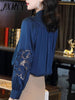 imCharms Blue Embroidered Shirt Women's And Elegant Temperament Embroidered Hollow Long-Sleeved Loose Simple Shirt Top