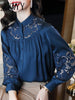 imCharms Blue Embroidered Shirt Women's And Elegant Temperament Embroidered Hollow Long-Sleeved Loose Simple Shirt Top