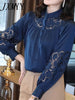 imCharms Blue Embroidered Shirt Women's And Elegant Temperament Embroidered Hollow Long-Sleeved Loose Simple Shirt Top
