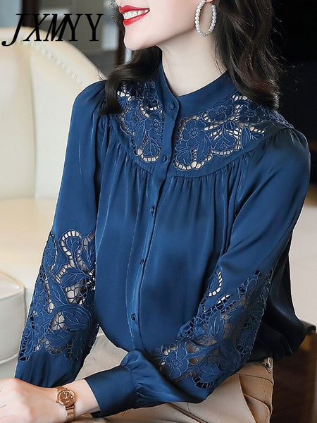 imCharms Blue Embroidered Shirt Women's And Elegant Temperament Embroidered Hollow Long-Sleeved Loose Simple Shirt Top