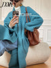 imCharms Blue Lapel Long Sweater Women's Autumn And Winter Lazy High-Grade Warm Soft Waxy Loose Knitted Cardigan Coat