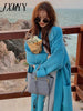 imCharms Blue Lapel Long Sweater Women's Autumn And Winter Lazy High-Grade Warm Soft Waxy Loose Knitted Cardigan Coat