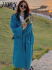 imCharms Blue Lapel Long Sweater Women's Autumn And Winter Lazy High-Grade Warm Soft Waxy Loose Knitted Cardigan Coat