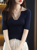 imCharms Breathable Bamboo Fiber Knitted Short-Sleeved T-Shirt Women's Summer 2023 Half-Sleeved Slim Thin Polo Collar