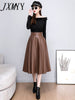 imCharms Brown Leather Skirt Half Body Autumn And Winter Women's Mid-Length A-Line Skirt Bag Hip High Waist Umbrella Skirt