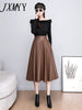 imCharms Brown Leather Skirt Half Body Autumn And Winter Women's Mid-Length A-Line Skirt Bag Hip High Waist Umbrella Skirt