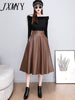imCharms Brown Leather Skirt Half Body Autumn And Winter Women's Mid-Length A-Line Skirt Bag Hip High Waist Umbrella Skirt