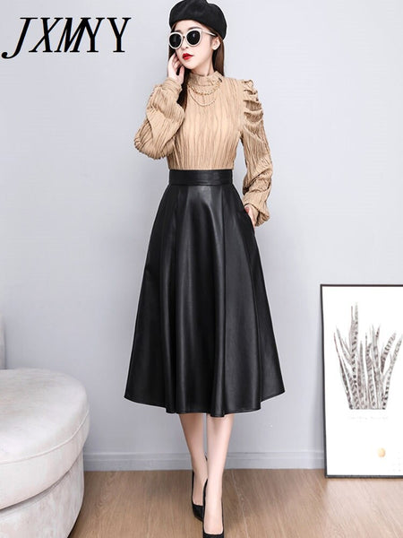 imCharms Brown Leather Skirt Half Body Autumn And Winter Women's Mid-Length A-Line Skirt Bag Hip High Waist Umbrella Skirt
