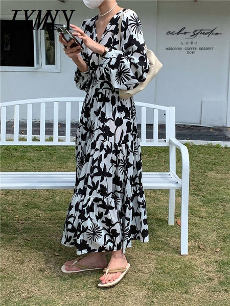 imCharms Chic Acetate Print 2023 Summer And Elegant Temperament Waist-Free Iron-Free Large Swing Long Dress