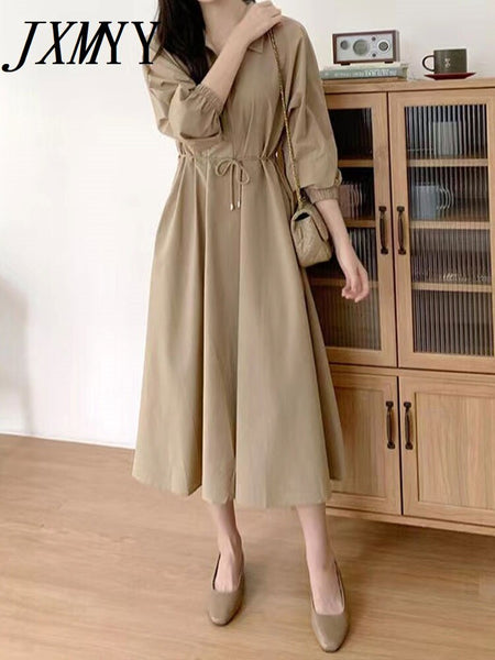 imCharms Chic Spring And Autumn Lapel Design Waist Tie Elegant Temperament Dress Comfortable Women's Clothing