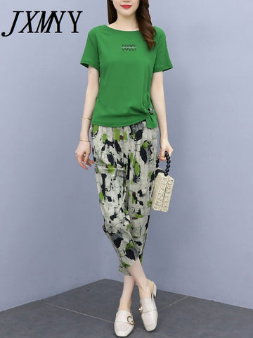 imCharms Cotton And Linen Suit Women's Summer 2023 Temperament Short-Sleeved T-Shirt Nine-Point Pants Casual Two-Piece Tide