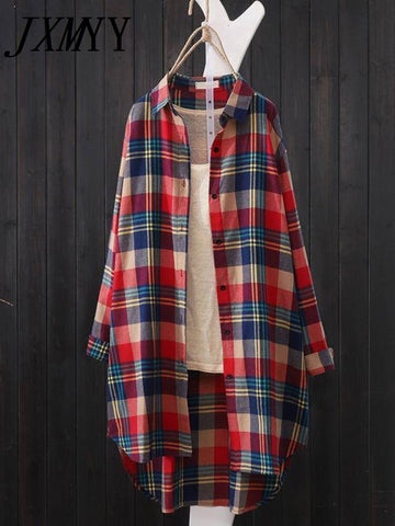 imCharms Cotton Mid-Length Plaid Long-Sleeved Shirt Women's Korean Version Loose All-Match Casual Shirt Cardigan Jacket 2023 New