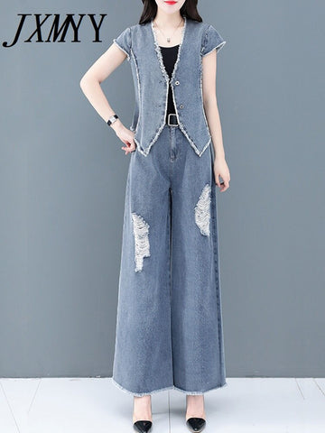 imCharms Denim Suit Summer 2023 Summer Women's Summer Temperament Aage-Reducing Wide-Leg Pants Two-Piece Tide