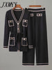 imCharms Early Autumn Long-Sleeve Knit Suit Lace-Up Waist Mid-Length V-Neck Cardigan + Wide-Leg Pants Two-Piece Female