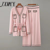imCharms Early Autumn Long-Sleeve Knit Suit Lace-Up Waist Mid-Length V-Neck Cardigan + Wide-Leg Pants Two-Piece Female