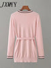 imCharms Early Autumn Long-Sleeve Knit Suit Lace-Up Waist Mid-Length V-Neck Cardigan + Wide-Leg Pants Two-Piece Female