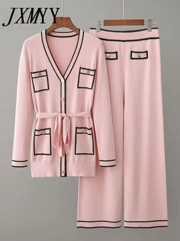 imCharms Early Autumn Long-Sleeve Knit Suit Lace-Up Waist Mid-Length V-Neck Cardigan + Wide-Leg Pants Two-Piece Female