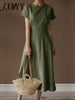 imCharms Elegant Temperament Round Neck Slim Dress 2023 Small Fresh Lace Waist Large Swing Cotton Linen Dress Women's