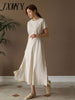 imCharms Elegant Temperament Round Neck Slim Dress 2023 Small Fresh Lace Waist Large Swing Cotton Linen Dress Women's