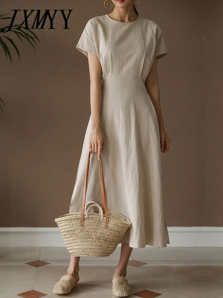 imCharms Elegant Temperament Round Neck Slim Dress 2023 Small Fresh Lace Waist Large Swing Cotton Linen Dress Women's