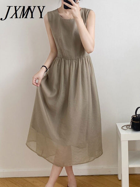 imCharms Elegant Temperament Sleeveless Round Neck Dress Female 2023 Summer Light And Elegant Mid-Length Skirt
