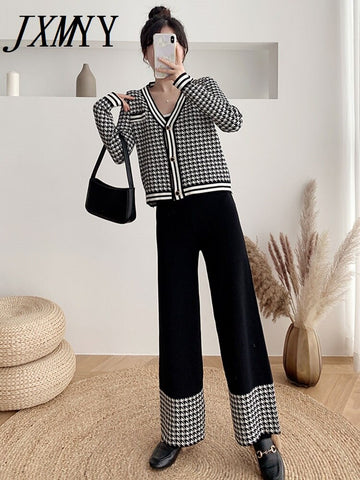 imCharms European Station Elegant Temperament Sweater Knitted Wide-Leg Pants Casual Sweet V-Neck Two-Piece Set