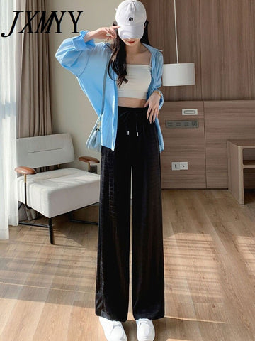 imCharms All-Match Wide-Leg Pants Women's Summer Thin Section 2023 High Waist Drape Satin Plaid White Pants