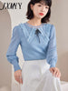 imCharms And Elegant Temperament Round Neck Knitted Top 2023 Autumn Women's Chiffon Sleeve Stitching Knitted Sweater
