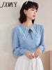imCharms And Elegant Temperament Round Neck Knitted Top 2023 Autumn Women's Chiffon Sleeve Stitching Knitted Sweater