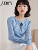 imCharms And Elegant Temperament Round Neck Knitted Top 2023 Autumn Women's Chiffon Sleeve Stitching Knitted Sweater
