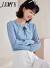 imCharms And Elegant Temperament Round Neck Knitted Top 2023 Autumn Women's Chiffon Sleeve Stitching Knitted Sweater