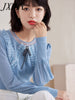 imCharms And Elegant Temperament Round Neck Knitted Top 2023 Autumn Women's Chiffon Sleeve Stitching Knitted Sweater