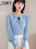 imCharms And Elegant Temperament Round Neck Knitted Top 2023 Autumn Women's Chiffon Sleeve Stitching Knitted Sweater
