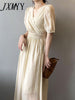imCharms And Elegant Temperament V-Neck Dress Women's 2023 Summer Puff Sleeves Mid-Length Skirt