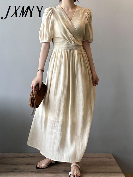 imCharms And Elegant Temperament V-Neck Dress Women's 2023 Summer Puff Sleeves Mid-Length Skirt