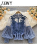 imCharms Design Niche Three-Dimensional Flower Collage Lantern Sleeves Slim Short Top Women's Lace Bottoming shirt