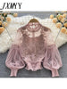 imCharms Design Niche Three-Dimensional Flower Collage Lantern Sleeves Slim Short Top Women's Lace Bottoming shirt