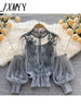 imCharms Design Niche Three-Dimensional Flower Collage Lantern Sleeves Slim Short Top Women's Lace Bottoming shirt