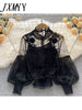 imCharms Design Niche Three-Dimensional Flower Collage Lantern Sleeves Slim Short Top Women's Lace Bottoming shirt