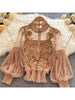 imCharms Design Niche Three-Dimensional Flower Collage Lantern Sleeves Slim Short Top Women's Lace Bottoming shirt