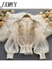 imCharms Design Niche Three-Dimensional Flower Collage Lantern Sleeves Slim Short Top Women's Lace Bottoming shirt