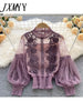 imCharms Design Niche Three-Dimensional Flower Collage Lantern Sleeves Slim Short Top Women's Lace Bottoming shirt