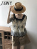imCharms Embroidered Lace Shirt Women's 2023 Summer Square Collar Contrast Color Loose Chic Top
