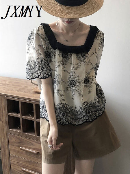 imCharms Embroidered Lace Shirt Women's 2023 Summer Square Collar Contrast Color Loose Chic Top