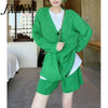 imCharms Green Thick Knitted V-Neck Cardigan Sweater Product Fall 2023 Loose Jacket + Five-Point Pants Two-Piece Set