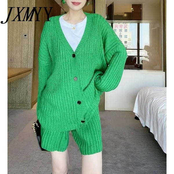 imCharms Green Thick Knitted V-Neck Cardigan Sweater Product Fall 2023 Loose Jacket + Five-Point Pants Two-Piece Set